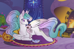 Size: 1024x683 | Tagged: safe, artist:uniquecolorchaos, princess celestia, oc, oc:ambrosia, hybrid, pony, g4, eggshell, female, interspecies offspring, male, momlestia, mother and daughter, mouth hold, offspring, parent:discord, parent:princess celestia, parents:dislestia, prone, shipping, straight