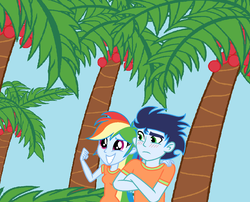 Size: 1192x962 | Tagged: safe, rainbow dash, soarin', equestria girls, g4, blushing, crossed arms, female, fist, male, orange shirt, palm tree, ship:soarindash, shipping, smiling, straight, tree