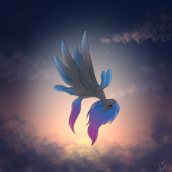 Size: 2048x2048 | Tagged: safe, artist:umiimou, oc, oc only, oc:rina, pegasus, pony, cloud, eyes closed, female, flying, high res, mare, solo, sunrise, upside down