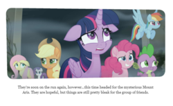 Size: 708x434 | Tagged: safe, screencap, applejack, fluttershy, pinkie pie, rainbow dash, rarity, spike, twilight sparkle, alicorn, dragon, pony, beyond equestria, g4, my little pony: the movie, my little pony: the movie: the junior novel, cropped, floppy ears, mane seven, mane six, twilight sparkle (alicorn)