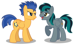 Size: 4562x2789 | Tagged: safe, artist:aleximusprime, flash sentry, oc, oc:blackgryph0n, oc:gryph, pegasus, pony, fanfic:twilight should be dating my oc, g4, backwards cutie mark, blackgryph0n, competition, cutie mark, male, ponysona, simple background, stallion, teasing, transparent background, wings