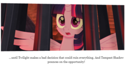 Size: 640x333 | Tagged: safe, twilight sparkle, alicorn, pony, beyond equestria, g4, my little pony: the movie, my little pony: the movie: the junior novel, book, cage, cropped, female, imprisoned, shocked, solo, twilight sparkle (alicorn)