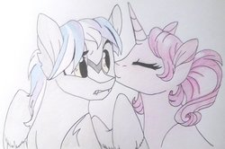 Size: 1024x678 | Tagged: safe, artist:evergreen-gemdust, oc, oc only, pegasus, pony, unicorn, female, male, mare, nuzzling, stallion, traditional art