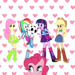 Size: 1773x1773 | Tagged: safe, applejack, fluttershy, pinkie pie, rainbow dash, twilight sparkle, pony, equestria girls, g4, backpack, boots, clothes, compression shorts, cowboy hat, denim skirt, female, fourth wall, hat, heart background, leg warmers, pleated skirt, shoes, skirt, socks, stetson, tank top