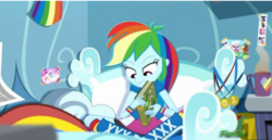 Size: 663x341 | Tagged: safe, screencap, rainbow dash, equestria girls, g4, leaping off the page, my little pony equestria girls: summertime shorts, bed, bedroom, book, boots, bracelet, clothes, compression shorts, crossed legs, cup, egghead, female, food, jewelry, looking down, picture frame, rainbow dash's bedroom, reading rainboom, shoes, skirt, socks, tea, teacup