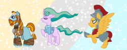 Size: 1024x410 | Tagged: safe, artist:hhanimal, flash magnus, mistmane, rockhoof, earth pony, pegasus, pony, unicorn, campfire tales, g4, armor, clothes, curved horn, helmet, horn, male, missing cutie mark, spread wings, stallion, tail wrap, windswept mane, wings