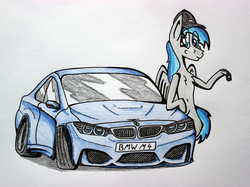 Size: 4632x3456 | Tagged: safe, artist:bumskuchen, oc, oc only, oc:blue code, pegasus, pony, bipedal, bmw, bmw f82, bmw m4, request, solo, standing, supercar, traditional art