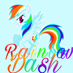 Size: 1773x1773 | Tagged: safe, rainbow dash, pegasus, pony, blue background, bright, colorful, female, looking at you, pink eyes, simple background, solo, wings