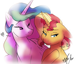 Size: 1024x870 | Tagged: dead source, safe, artist:shellielle, princess celestia, sunset shimmer, alicorn, pony, unicorn, g4, female, floating heart, floppy ears, heart, lesbian, shipping, sunsestia