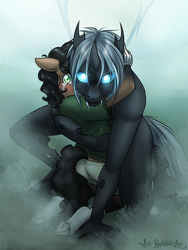 Size: 3000x4000 | Tagged: safe, artist:askbubblelee, oc, oc only, oc:imago, oc:walter nutt, changeling, earth pony, anthro, unguligrade anthro, anthro oc, changeling oc, clothes, crying, duo, fangs, female, looking at you, male, mare, protecting, serious, serious face, shirt, story in the source