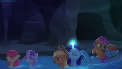 Size: 1313x750 | Tagged: safe, artist:lumineko, apple bloom, applejack, rainbow dash, rarity, scootaloo, sweetie belle, earth pony, pegasus, pony, unicorn, campfire tales, g4, apple bloom's bow, applejack's hat, blushing, bow, cave, cowboy hat, cute, cutie mark crusaders, female, filly, glowing horn, hair bow, hat, horn, magic, mare, open mouth, ponies riding ponies, rainboat dash, riding, river, scene interpretation, scootalove, siblings, sitting on person, sitting on pony, water, wet, wet mane, wet mane apple bloom, wet mane applejack, wet mane rarity
