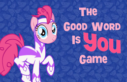 Size: 1188x765 | Tagged: safe, artist:ianpony98, edit, fili-second, pinkie pie, earth pony, pony, g4, family fun activity, female, fili-second and the rumor weed, game, looking at you, mare, power ponies, solo, title card, veggietales
