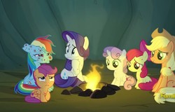 Size: 1127x720 | Tagged: safe, screencap, apple bloom, applejack, rainbow dash, rarity, scootaloo, sweetie belle, earth pony, pegasus, pony, unicorn, campfire tales, g4, season 7, apple sisters, belle sisters, campfire, cave, cowboy hat, female, fire, fireplace, fly-der bite, hat, ouch, red nosed, rock, siblings, sisters, sitting, swollen