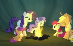 Size: 1131x720 | Tagged: safe, screencap, apple bloom, applejack, rarity, scootaloo, sweetie belle, earth pony, pony, campfire tales, g4, campfire, cowboy hat, female, fire, fireplace, fly-der bite, hat, rock, sisters