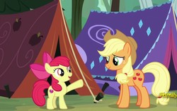 Size: 1145x720 | Tagged: safe, screencap, apple bloom, applejack, earth pony, pony, campfire tales, g4, cowboy hat, female, hat, rope, sisters, tent