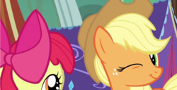 Size: 1120x572 | Tagged: safe, screencap, apple bloom, applejack, earth pony, pony, campfire tales, g4, cowboy hat, female, hat, one eye closed, sisters, smiling, tent, wink