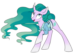 Size: 1280x953 | Tagged: safe, artist:chub-wub, mistmane, pony, unicorn, campfire tales, g4, clothes, curved horn, female, horn, long mane, looking up, mare, open mouth, raised hoof, smiling, solo