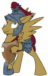Size: 1214x1920 | Tagged: dead source, safe, artist:chub-wub, flash magnus, pegasus, pony, g4, >:), armor, helmet, looking at you, male, netitus, shield, simple background, smiling, solo, spread wings, stallion, transparent background, wings