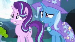 Size: 1280x720 | Tagged: safe, screencap, starlight glimmer, trixie, pony, g4, season 7, to change a changeling, awkward, cape, clothes, friendship, hat, smiling, trixie's cape, trixie's hat