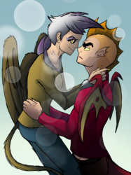 Size: 2048x2732 | Tagged: safe, artist:percy-mcmurphy, garble, gilda, human, g4, clothes, female, freckles, high res, humanized, looking at each other, male, ship:garilda, shipping, straight, tailed humanization, winged humanization, wings