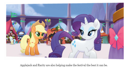 Size: 1136x640 | Tagged: safe, applejack, rarity, sushi hooves, toadstool blossom, earth pony, pony, unicorn, beyond equestria, g4, my little pony: the movie, my little pony: the movie: the junior novel, canterlot, female, horn, mare, text, unnamed character, unnamed pony