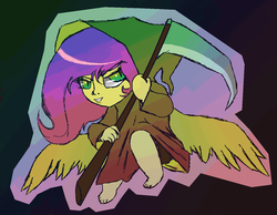 Size: 1298x1006 | Tagged: safe, fluttershy, human, g4, chubby, colorful, female, grim reaper, humanized, ms paint, scythe, simple background, solo, winged humanization, wings