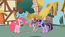 Size: 600x338 | Tagged: safe, edit, edited screencap, screencap, pinkie pie, spike, twilight sparkle, dragon, friendship is magic, g4, animated, blue screen of death, error, funny, gif, malfunction, pinkie pie and twilight sparkle first meeting, smoke, wat