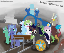 Size: 1724x1432 | Tagged: safe, artist:kinrah, discord, princess celestia, princess luna, oc, oc:anthem crystal, oc:aquamarine tide, oc:bliss crystal, oc:lux aegis, oc:skyforge, frilled lizard, g4, atg 2017, cewestia, female, filly, locomotive, male, newbie artist training grounds, pink-mane celestia, pose like a team cuz stuff just got real, shield, steam locomotive, train, woona, younger