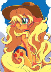 Size: 1407x1997 | Tagged: safe, artist:unousaya, applejack, earth pony, pony, g4, alternate hairstyle, blue underwear, choker, clothes, cowboy hat, cute, female, floppy ears, freckles, frilly underwear, hair over one eye, hat, jackabetes, mare, one eye closed, panties, solo, stetson, underwear