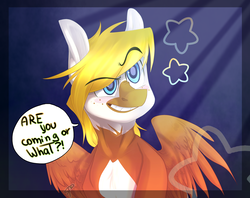 Size: 3667x2905 | Tagged: safe, artist:swoopypoolin, oc, oc only, oc:khaos sparkz, pegasus, pony, coat markings, cute, fiesty, grin, high res, pinto, raised eyebrow, smiling, solo, speech bubble, ych result