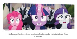 Size: 1121x566 | Tagged: safe, pinkie pie, rarity, twilight sparkle, alicorn, pony, beyond equestria, g4, my little pony: the movie, my little pony: the movie: the junior novel, storm guard, text, twilight sparkle (alicorn)