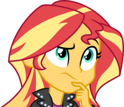 Size: 3465x3000 | Tagged: safe, artist:ambassad0r, sunset shimmer, equestria girls, g4, clothes, emoji, female, high res, jacket, leather jacket, shirt, simple background, solo, thinking, transparent background, vector, 🤔