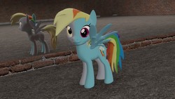 Size: 1360x768 | Tagged: safe, artist:roseomary, derpy hooves, rainbow dash, hybrid, g4, 3d, bricks, cute, female, gmod, looking at you, mirror, mutant, solo, spread wings, wings