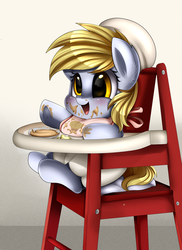 Size: 2550x3509 | Tagged: safe, artist:pridark, derpy hooves, pegasus, pony, g4, baby, baby pony, commission, cute, derpabetes, female, high res, hnnng, messy eating, open mouth, smiling, solo, younger