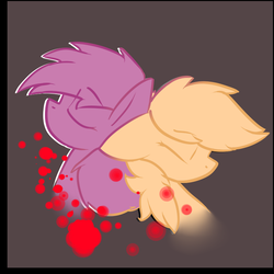 Size: 750x750 | Tagged: safe, artist:conmanwolf, scootaloo, oc, oc:violet, pony, ask factory scootaloo, fanfic:rainbow factory, g4, blood, factory scootaloo