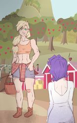 Size: 1700x2717 | Tagged: safe, artist:bubblenote, applejack, rarity, human, g4, abs, applejacked, belly button, female, humanized, lesbian, midriff, muscles, ship:rarijack, shipping