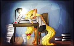 Size: 2300x1444 | Tagged: safe, artist:oddends, applejack, alicorn, anthro, unguligrade anthro, g4, alicornified, applecorn, book, chair, clothes, eyes closed, lamp, long mane, mug, open mouth, paperwork, pencil, princess applejack, race swap, sleeping