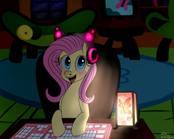 Size: 1800x1440 | Tagged: safe, artist:lamentedmusings, fluttershy, pegasus, pony, g4, axent wear cat headphones, cat ear headphones, computer, female, fluttershy plays, gamershy, headphones, keyboard, lamp, looking at you, smiling, solo, vannamelon