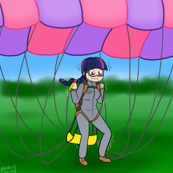 Size: 1500x1500 | Tagged: safe, artist:phallen1, twilight sparkle, human, g4, air ponyville, alternate hairstyle, atg 2017, braid, clothes, female, goggles, grin, humanized, jumpsuit, newbie artist training grounds, parachute, shaking, smiling, solo, standing