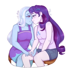 Size: 900x941 | Tagged: safe, artist:catgomez, rarity, trixie, equestria girls, g4, clothes, commission, cute, dress, duo, female, holding hands, lesbian, looking at each other, rarixie, shipping, shirt, shorts, simple background, smiling