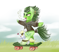 Size: 2918x2614 | Tagged: safe, artist:pridark, derpy hooves, oc, pegasus, pony, unicorn, g4, cigarette, clothes, commission, duo, ear piercing, earring, female, filly, high res, hoodie, jewelry, mare, piercing, skateboard, smiling, sweater