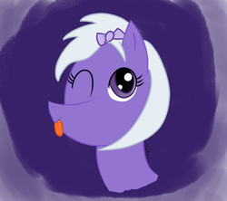 Size: 985x875 | Tagged: safe, artist:actinium28, oc, oc only, oc:comment, pony, derpibooru, abstract background, bust, derpibooru ponified, female, meta, one eye closed, ponified, ribbon, solo, tongue out, wink