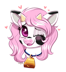 Size: 624x680 | Tagged: safe, artist:confetticakez, oc, oc only, cow, pony, bell, blushing, cowbell, female, one eye closed, pink mane, purple eyes, solo