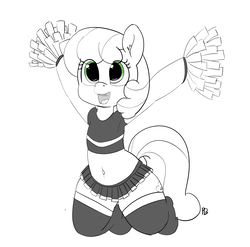 Size: 8499x8387 | Tagged: safe, artist:pabbley, cheerilee, earth pony, pony, g4, absurd resolution, belly button, cheeribetes, cheerileeder, cheerleader, clothes, cute, female, kneeling, mare, midriff, miniskirt, open mouth, partial color, pom pom, simple background, skirt, socks, solo, sports bra, white background
