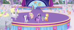 Size: 860x359 | Tagged: safe, screencap, amarillo laurel, applejack, aqua cascade, blaze, button bounce, chocolate apple, concordia, derpy hooves, fleetfoot, fluttershy, high winds, melody star, pastel prancer, rainbow dash, rarity, seashine, silver lining, silver zoom, soarin', spike, sweet mint, twilight sparkle, wind whistler (g4), alicorn, dragon, earth pony, pegasus, pony, unicorn, g4, my little pony: the movie, animated, background pony, big crown thingy, clone, clothes, cute, derpy being derpy, fake horn, female, gif, goggles, hat, jewelry, male, mare, non-looping gif, party hat, regalia, stallion, twilight sparkle (alicorn), uniform, unnamed character, unnamed pony, wonderbolts, wonderbolts uniform
