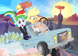 Size: 900x648 | Tagged: safe, artist:pixelkitties, applejack, rainbow dash, human, phoenix, equestria girls, g4, 8 ball, ashleigh ball, canyon, car, clothes, convertible, cowboy hat, desert, duo, female, grand canyon, hat, hey ocean, hey ocean!, license plate, logo, map, parody, pixelkitties' brilliant autograph media artwork, road trip, steering wheel, stetson, symbol, thelma and louise, this will not end well