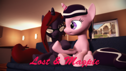 Size: 1920x1080 | Tagged: safe, artist:razethebeast, oc, oc only, oc:curse word, oc:magpie, pony, unicorn, 3d, female, glasses, holding hooves, looking at each other, mare, smiling, source filmmaker