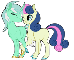 Size: 1804x1460 | Tagged: safe, artist:chroniqlo, bon bon, lyra heartstrings, sweetie drops, earth pony, pony, unicorn, g4, adorabon, curved horn, cute, eyes closed, female, holding hooves, horn, lesbian, lyrabetes, mare, one eye closed, ship:lyrabon, shipping, simple background, smiling, transparent background
