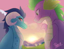 Size: 859x658 | Tagged: safe, artist:tamersworld, princess ember, spike, dragon, g4, dragoness, female, male, mountain, older, older spike, ship:emberspike, shipping, smiling, straight, sunset, winged spike, wings