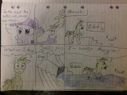 Size: 2592x1936 | Tagged: safe, artist:didgereethebrony, derpy hooves, spike, twilight sparkle, oc, oc:didgeree, dragon, g4, flooding, letter, lined paper, traditional art